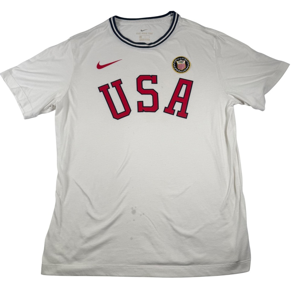Nike USA Olympic T-Shirt Red White Blue Trimmed Crew Neck Tee Mens Medium